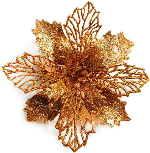 Miniatura 7 de Paquete de 12 flores de Pascua artificiales con purpurina para corona de Navidad, adornos de flores para árbol de Navidad, 6'' (16cm) de diámetro