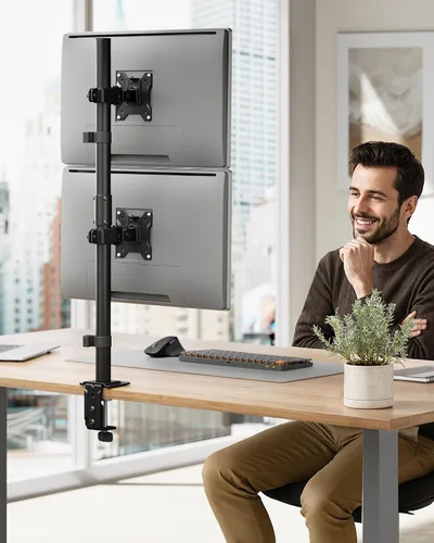Miniatura 8 de monTEK Soporte Vertical Estable para Dos Monitores, Soporte de Escritorio Apilado para Dos Pantallas de 17-32 Pulgadas, Brazo de Movimiento Completo