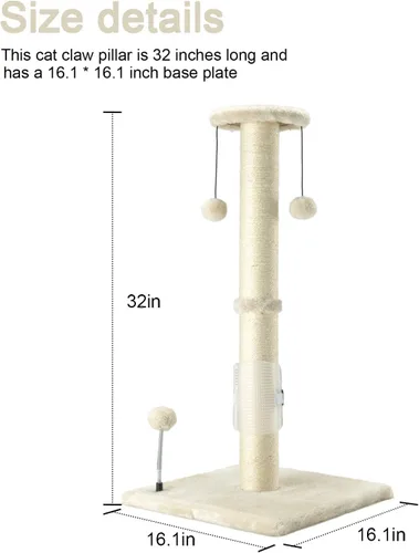 Miniatura 3 de PEEKAB Poste rascador para gatos de 32 pulgadas de alto, postes rascadores de cuerda de sisal con bola colgante y cepillo de auto-masaje, rascador
