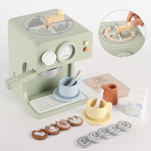 Miniatura 8 de Pithfor Juguete Cafetera de Madera para Niños con Molinillo, Juego de Simulación Electrodomésticos de Cocina y Accesorios Juguete Regalo para Niños