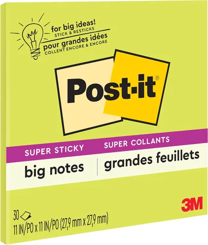 Post-it Notas grandes súper adhesivas, 11 pulgadas x 11 pulgadas, notas adhesivas extra grandes verde neón, 1 bloc, 30 hojas, ideal para tableros de