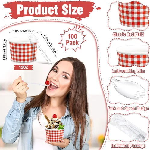 Miniatura 3 de Tessco for you Paquete de 100 tazas de helado a cuadros rojos y blancos con cucharas de plástico de 12 onzas desechables de papel a cuadros