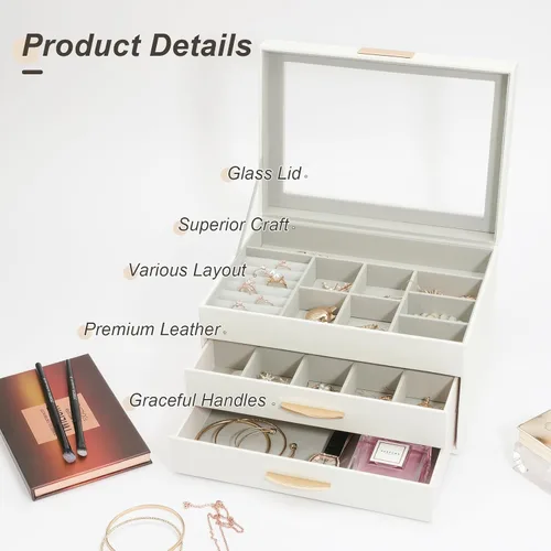 Miniatura 4 de V-LAFUY Joyero con tapa de vidrio, caja organizadora de joyas de 3 capas y 2 cajones, vitrina de joyería, organizador de joyas, cajas de joyería