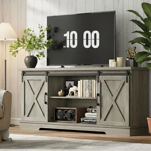 Miniatura 12 de GarveeHome Soporte de TV de granja para TV de hasta 65 pulgadas y centro de entretenimiento con puertas corredizas de granero y estante ajustable