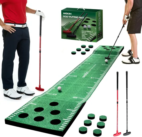 Miniatura 8 de Wekin Alfombra de práctica de golf para interiores con 2 putters, 2 bolas, 12 cubiertas de hoyo, tapete de entrenamiento de golf para juego