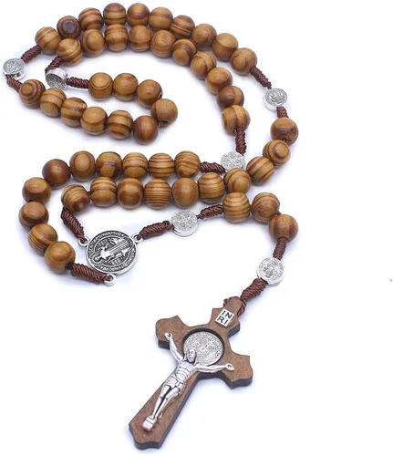 Faith & Gospel Hertos - Collar con cuentas de madera para rosario, medalla de San Benito y cruz católica, cuerda de coronilla de oración religiosa,
