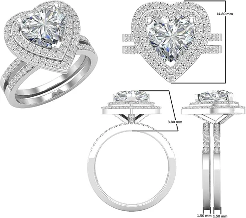 Miniatura 3 de Dazzlingrock Collection Juego de anillos de compromiso de doble halo con diamantes naturales redondos y piedras preciosas creadas en laboratorio