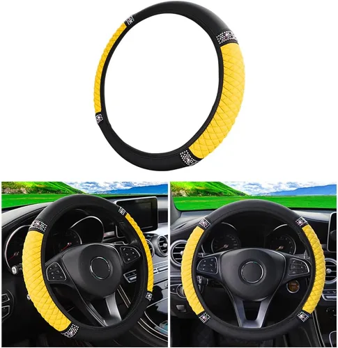 Miniatura 14 de Osilly Funda brillante para volante de automóvil, 15 pulgadas, con diamantes de imitación brillantes, piel suave, protector elástico, para mujeres