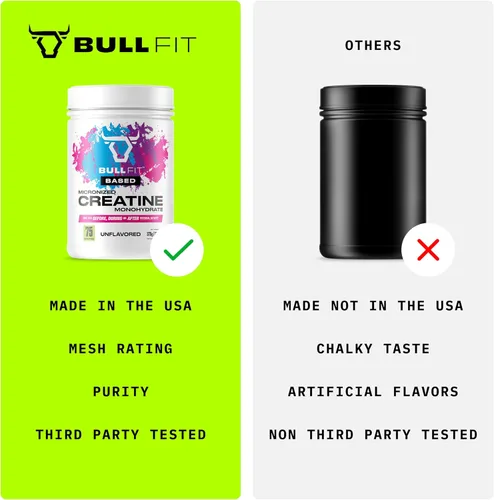 Miniatura 7 de BULLFIT Monohidrato de creatina micronizada a base de polvo 375 G, 0.18 oz por porción, sin sabor, suplemento de creatina para hombres y mujeres