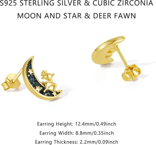 Miniatura 2 de Pendientes de tuerca de luna aretes de oro aretes de plata de ley ciervos cervatillos bonitos aretes de estrella para mujer con caja de regalo