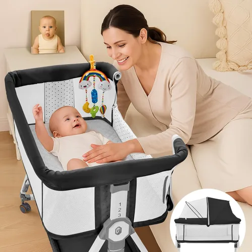 Moisés 4 en 1 para Bebé Durmiente de Cabecera, Moisés de Cabecera con Ruedas, Moisés Ajustable de 6 Alturas con Colchón Suave, Mosquitero, Juguete