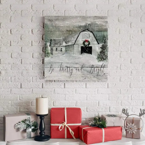 Miniatura 4 de Renditions Gallery Arte de pared "Be Merry and Bright", lindo arte navideño e invernal, granero festivo, aspecto de madera falsa, decoración