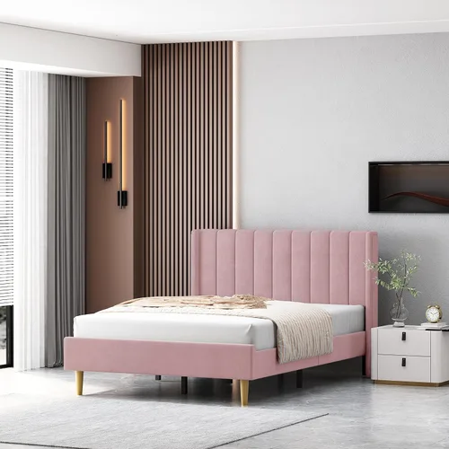 Miniatura 31 de Base de cama Queen con cabecero, base de cama de plataforma con respaldo de terciopelo vertical copetudo, soporte de listones de madera, no necesita