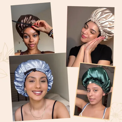 Miniatura 6 de YANIBEST Gorro de satén ajustable de doble capa para dormir, gorra para el cabello para mujeres con cabello rizado natural, color púrpura