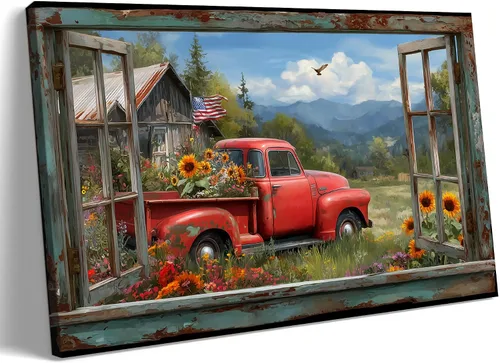 Miniatura 32 de Decoración rústica de granja en lienzo con ventana abierta, impresiones artísticas para pared, pintura de camión viejo, lienzo de granero y bandera