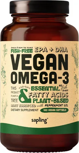 Suplemento vegano de Omega 3 - Ácidos grasos DHA y EPA de base vegetal - Sin carragenano, alternativa al aceite de pescado, apoya la salud del