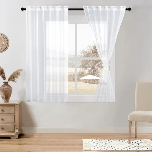 Miniatura 28 de DWCN Cortinas traslúcidas de lino floral, bolsillo para barra y pestaña trasera, cortina de mezcla de lino para dormitorio, sala de estar, cortinas