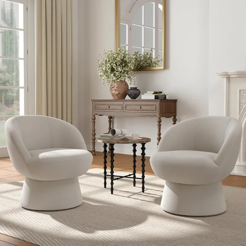 Miniatura 6 de Silla giratoria de 360° con respaldo curvo, moderna silla redonda tapizada de felpilla blanca, sillón tipo cubo para espacio pequeño, sala de estar