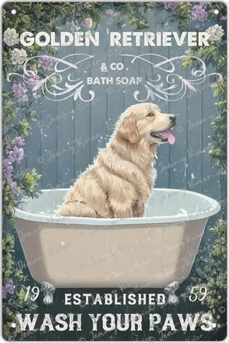Zomyto Letrero de lata con texto en inglés "Wash Your Paws Golden Retriever", decoración de baño, perro, bañera, bañera, estilo retro, decoración de
