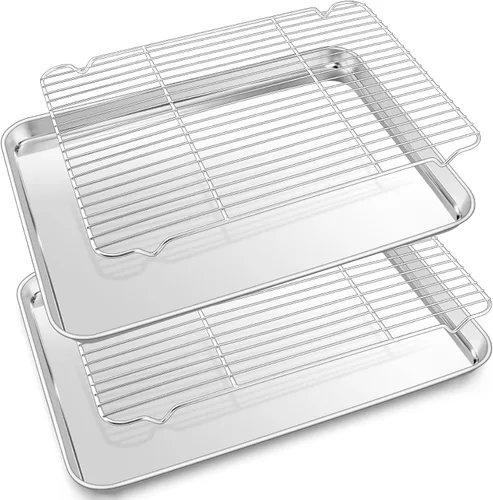 Miniatura 11 de P&P CHEF Juego de bandejas para hornear de acero inoxidable de 16 + 12.5 pulgadas con rejilla (2 bandejas + 2 rejillas), bandejas para galletas