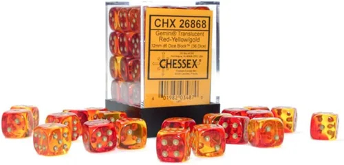 Chessex Juego de dados – 0.472 in Gemini: bloque de dados translúcido rojo-amarillo/dorado – Dungeons and Dragons D&D DND TTRPG – Incluye 36 dados –