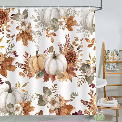 Miniatura 22 de Cortina de ducha de otoño, decoración de baño de árbol de calabaza, 72 x 72 pulgadas, tela de poliéster, cortina de baño impermeable con 12 ganchos