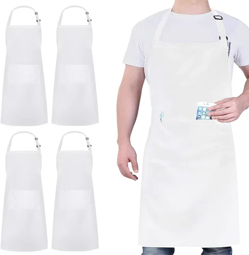 Miniatura 13 de Paquete de 4 delantales ajustables, delantal negro con 2 bolsillos, delantal lavable a máquina perfecto para cocinar, asar a la parrilla, lavar