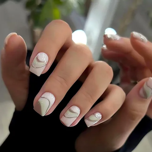Miniatura 10 de Uñas postizas a presión degradadas con purpurina de longitud corta, uñas postizas en forma de ataúd con diseño de hojas de corazón, 24 uñas postizas