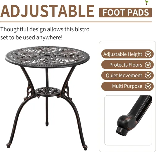 Miniatura 4 de Juego de Bistró de Aluminio Fundido de 3 Piezas, Mesa de Bistró de Bronce y Juego de 2 Sillas, Juego de Muebles de Patio de 3 Piezas con Agujero