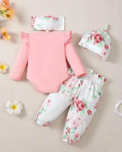 Miniatura 32 de Renotemy Conjunto de ropa para bebé recién nacida, mameluco con volantes, pantalones florales, lindo conjunto de ropa para bebé niña