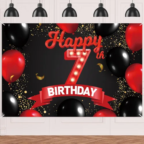 Cartel rojo y negro de feliz cumpleaños número 7, decoración temática de globos para niñas y mujeres, princesas de 7 años, fiesta de cumpleaños,