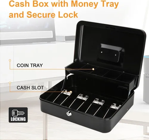 Miniatura 5 de Jssmst - Caja grande de seguridad para dinero con bandeja; caja con cerradura para dinero con cable de seguridad y cerradura de llave, de metal