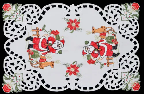 Creative Linens Juego de 4 manteles individuales bordados de Navidad con Papá Noel, reno, flor de pascua, 11 x 17 pulgadas, color blanco
