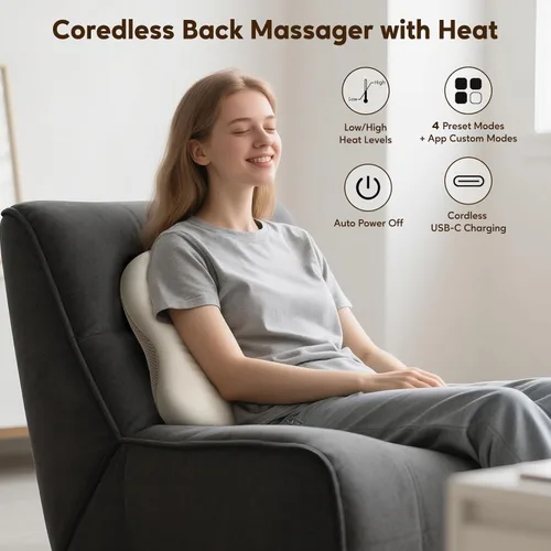 Miniatura 10 de arboleaf Masajeador de espalda para aliviar el dolor, control de aplicación Bluetooth, masaje inalámbrico Shiatsu cuello espalda con calor
