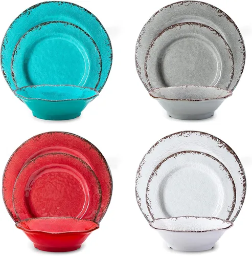 Miniatura 10 de LEHAHA Juego de Vajilla de 12 Piezas de Melamina Vintage Incluye 4 Platos de Cena, 4 Platos de Ensalada y 4 Cuencos, Servicio para 4, Vajilla