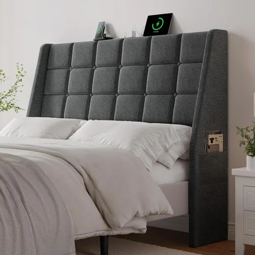 Miniatura 15 de Cabecero tapizado ergonómico tamaño queen con estación de carga, cabeceros con respaldo de orejas de lino con bolsillo de almacenamiento, solo Gris