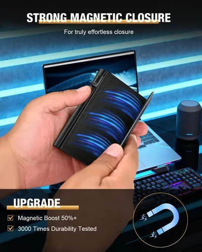 Miniatura 6 de Cartera Tarjetero para Hombres - Estuche de Aluminio Desplegable, Cuero de Microfibra Flexible Premium, Cartera Inteligente para Hombres, Bloqueo
