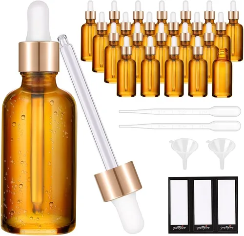 Miniatura 10 de PrettyCare Paquete de 4 botellas con cuentagotas de aceites esenciales, botellas vacías de tintura para cuidado personal y belleza, Ámbar