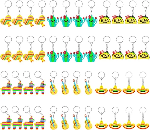 CiciBear Paquete de 48 llaveros de devolución de fiesta mexicana con piñata, sombrero, cactus, taco, guitarra y maraca para fiestas, cinco de mayo,