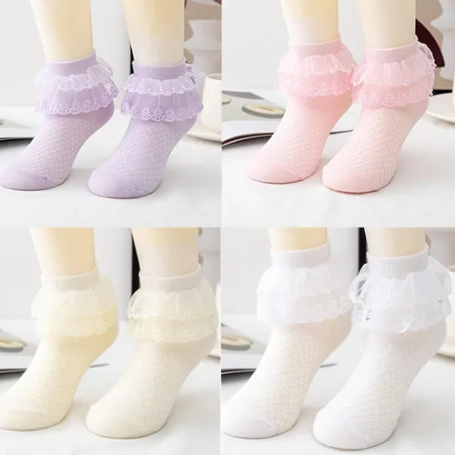 Miniatura 5 de Looching 5 pares de calcetines de encaje con volantes para niñas pequeñas con ojales de algodón blanco con volantes calcetines de princesa