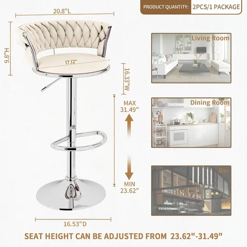 Miniatura 2 de AWQM Juego de 2 taburetes de bar de terciopelo, taburetes de cocina giratorios de altura ajustable con respaldo bajo para comedor, barra