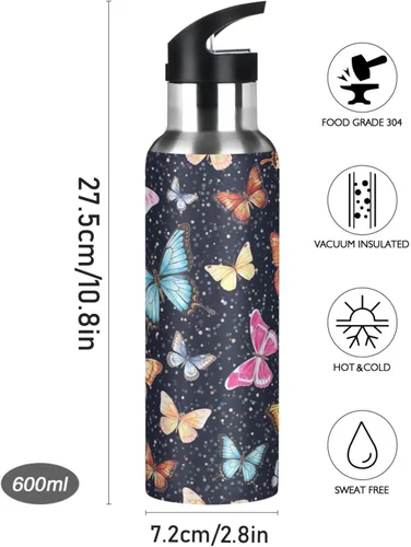 Miniatura 9 de Stainless Steel Water Bottle 20 Oz, Leakproof Water Bottles for Gym Outdoor Travel School, Colorful Butterflies Black