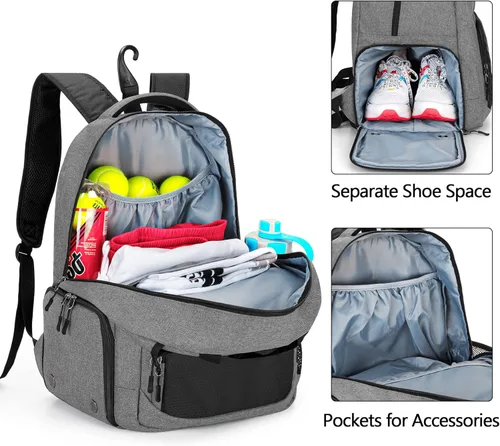 Miniatura 3 de Bolsa de tenis DSLEAF para hombres/mujeres para guardar 2 raquetas, mochila de tenis con espacio separado para zapatos para el deporte de tenis Gris