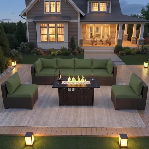 Miniatura 21 de LEVELEVE Juego de muebles de patio al aire libre, sofá seccional de conversación de ratán de tejido manual con mesa de centro de vidrio templado