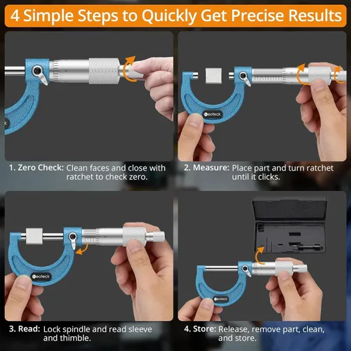 Miniatura 4 de Neoteck Micrómetro exterior de 0-1 pulgada con resolución de 0.0001 pulgadas, yunques con punta de carburo, micrómetro mecánico de precisión