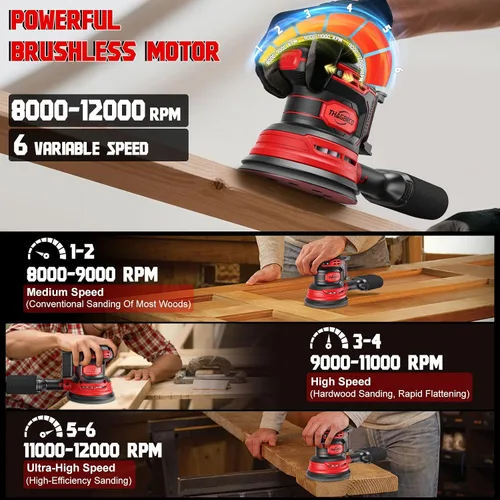 Miniatura 2 de Lijadora orbital inalámbrica compatible con Milwaukee 18V, lijadora orbital eléctrica con motor sin escobillas de 12000 RPM, lijadora de velocidad