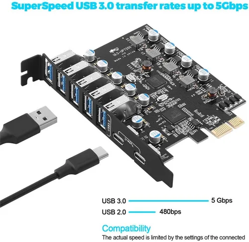 Miniatura 5 de PCIE - Tarjeta de expansión USB 3.0, 7 puertos (5X tipo A y 2 USB C) Tarjeta PCIe Super Speed PCI Express USB3 Hub Controller Adaptador para Windows