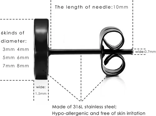 Miniatura 4 de LIEBLICH Juego de aretes redondos negros de acero inoxidable para hombres y mujeres 6 pares de aretes de 031 a 031 pulgadas 3 a 0315in negro Acero