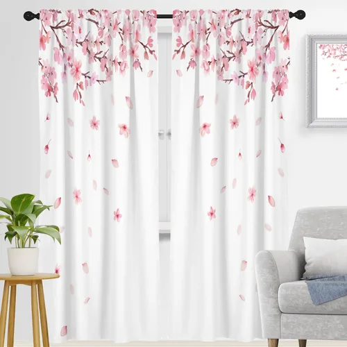 zokyer Cortina de ventana larga y ancha para ventana, diseño de flores de cerezo con ramas de Sakura japonesas, arte de jardín para niñas, 52