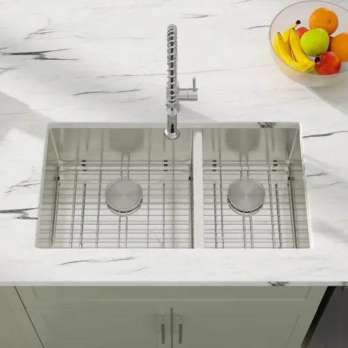 Miniatura 3 de Dcolora DC-U7730 - Fregadero de cocina de 33 pulgadas con doble tazón dividido 60/40 de calibre 16 de acero inoxidable 304, esquinas redondeadas